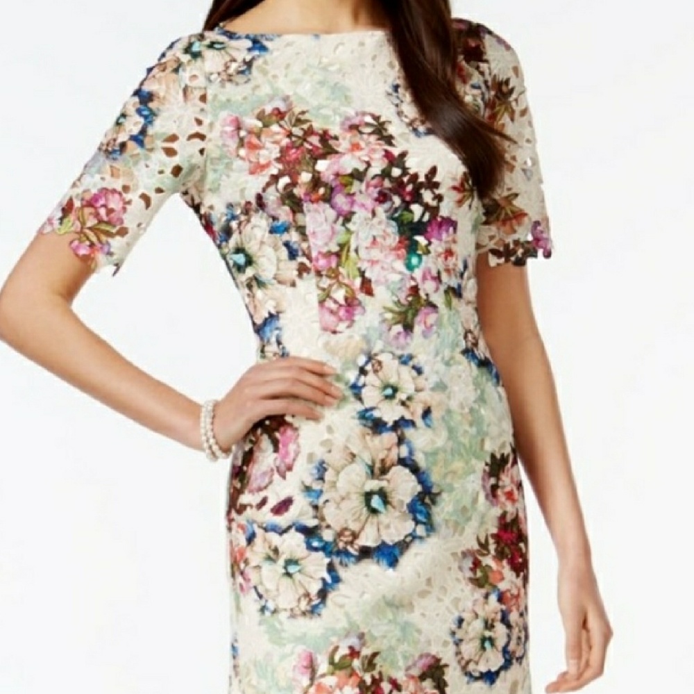 Tahari ASL boat neck lace covered dress